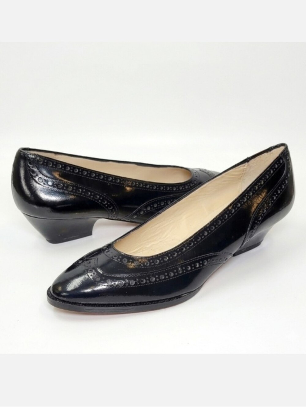 Vintage Evan Picone Black Patent Leather Wingtip Brogue Heels Made in Italy 6